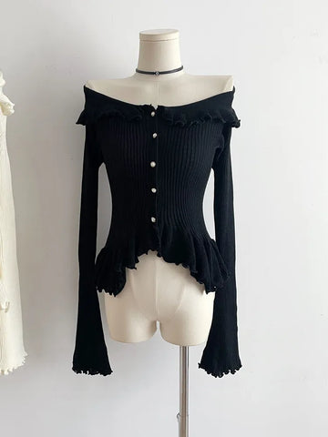 Getadme Women's Long Sleeve Ruffles Cardigan Knitted Crop Tops Korean Fashion Vintage Aesthetic Sweater Mori Girl Knitwear Autumn Winter